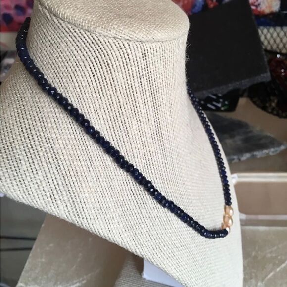 Beaded Blue Sapphire & Pink South Sea Pearl Necklace YGP 14-15g 70-75 Ctw - Picture 4 of 10